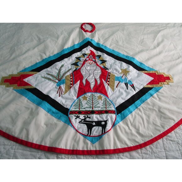 Vintage House Of Hatten Southwest Santa Applique Tree Skirt 58" Cotton Poly GUC - Picture 2 of 16